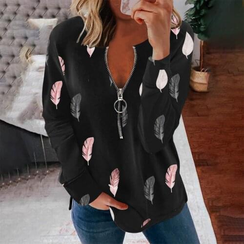 Fashiom Feather Print Hoodies Women Casual Stripe Zipper Long Sleeves Sweatshirt Autumn Casual Blouse Sudadera Mujer толстовка