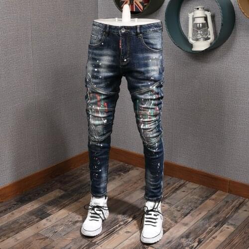 Fashion Streetwear Men Jeans High Quality Slim Fit Paint Designer Jeans Men Elastic Hip Hop Pants Spliced Biker Jeans Homme