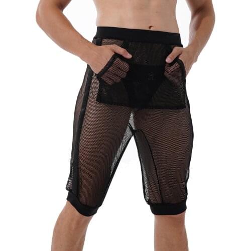 Iiniim Mens Lingerie See-through Mesh Elastic Waistband Short Pants with Front Pocket Hollow Out Fishnet Shorts for Nightclub