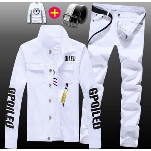 New Mens Denim Jacket Jeans Pants Slim Fit 2pcs Set Boys Casual Letters Printed Coat Trousers With Pendant Candy Color Z5