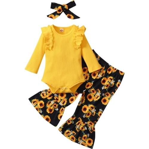 Autumn Spring Baby Girls Three-piece Clothes Set Long Sleeve Romper Printed Pattern Pants and Headdress White/ Yellow