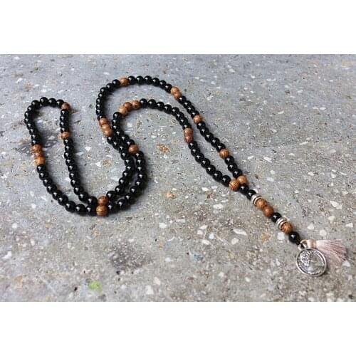 6MM Black natural stone & Wood Beads Silver colors Pendant Necklace Women Mens jewelry for gift