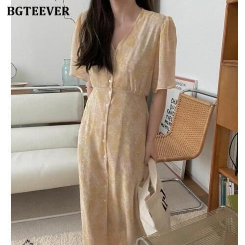 BGTEEVER Summer V-neck Short Sleeve Chiffon Dress for Women Elegant Single-breasted Lace-up Female Floral Print A-line Dress