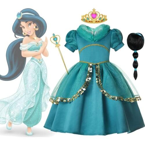 Disney Aladdin Jasmine Princess Dress Girl Kids Cosplay Halloween TUTU Party Clothing Green Fancy Evening Dress Costume