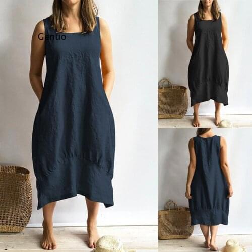 Dress Women Casual O-Neckline Solid Dress Sleeveless Loose Pocket Linen Dress