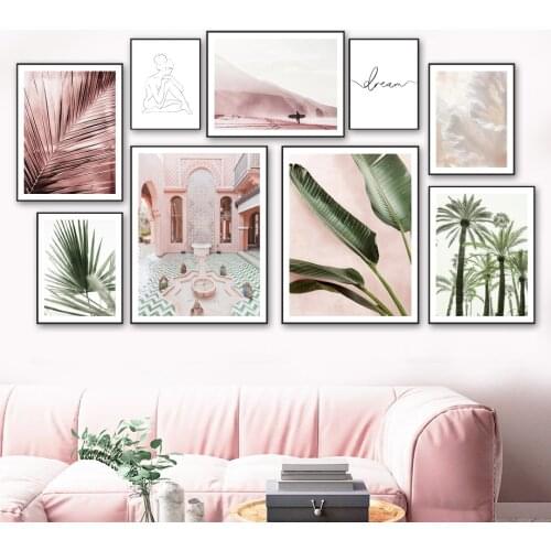 Morocco Fountain Beach Surfer Palm Leaf Plant Corals Nordic Poster Wall Art Print Canvas Painting Decor Pictures For Living Room