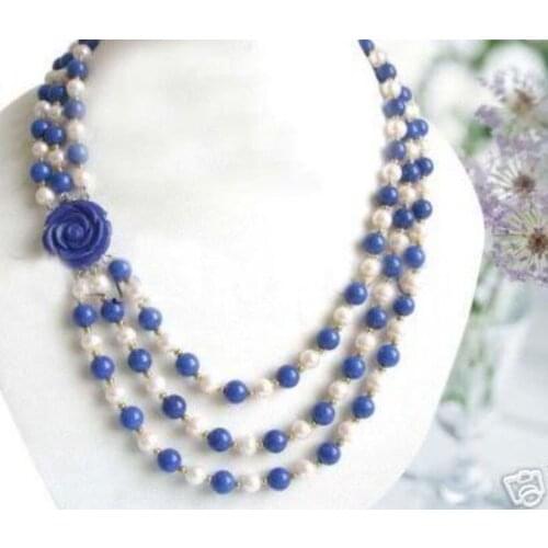 Wonderful! 7-8MM White Akoya Pearl & Lapis lazuli Beads Necklace Flower Clasp