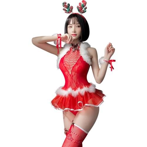 Sexy Lingerie Red Christmas Fishnet Bodysuit For Women Bra Set Cosplay Costumes Hollow out Outfit Temptation Underwear Set