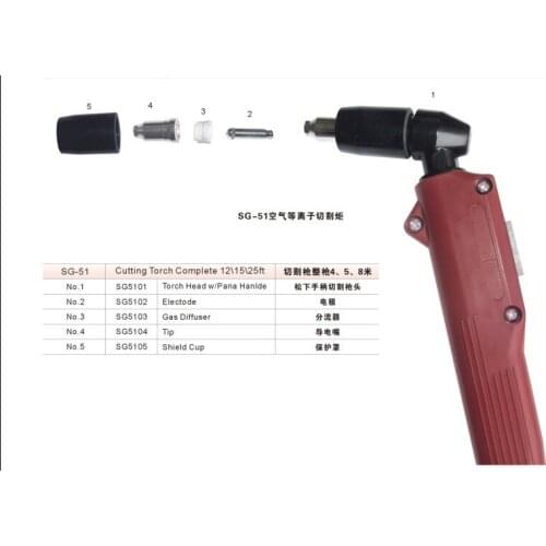SG51 Hand Use Torch Head+Nozzle 10pcs + Electrode10psc+Shield 2pcs+Swirl Ring 5pcs , Air Cooled Plasma Cutting Torch 50A