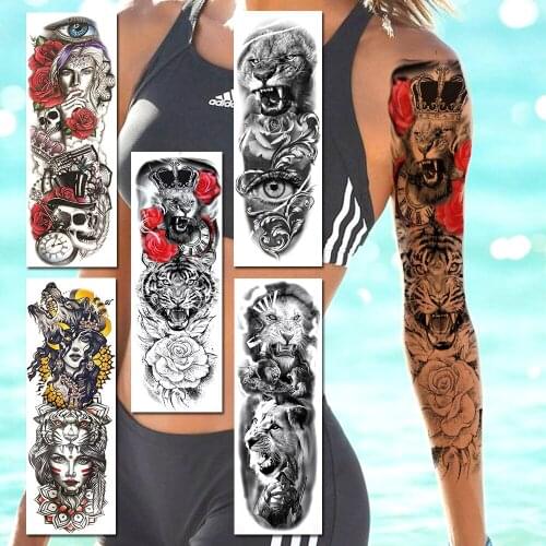 Ferocious Lion King Tiger Rose Temporary Tattoos For Women Men Fake Full Arm Eyes Skull Wolf Sleeve Tatoos Makeup Tools Sticker