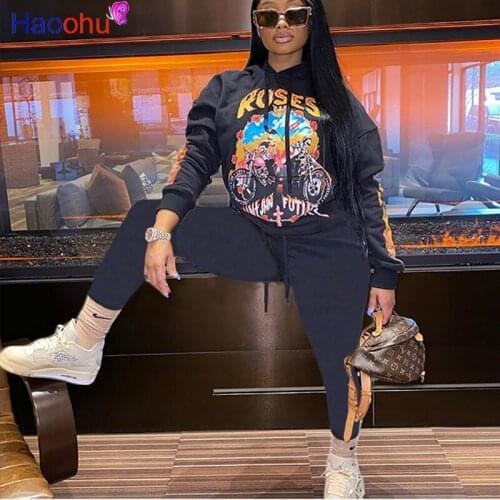 HAOOHU Streetwear Fall Two 2 Piece Set Women Outfits Sweatsuit Anime Drawstring Hoodies Leggings Women Tracksuit Matching Set