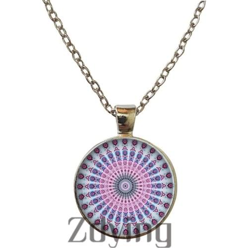 Zdying Vintage India Mandala Flowers Necklaces Pendant Chakra Zen Yoga Flowers Pattern Glass cabochon Charm Chain Necklace HM080