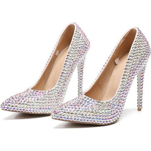 Female Fashion Shoes Luxurious AB Crystal Stiletto High Heels 4 Inches Pointed Toe Wedding Shoes Handmade Bride Dress Shoes 47