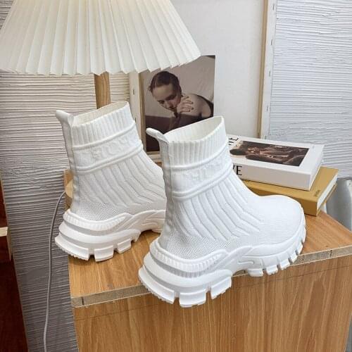 New 2021 High Top Women Sneakers Knitting Stretch Fabric Sock Boots Bottom Platform Ankle Boots for Woman Fashion Autumn Shoes
