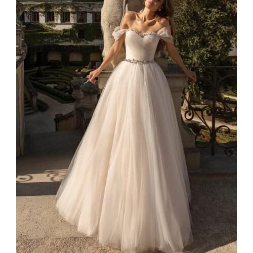 Elegant A-Line Long Off Shoulder Wedding Dresses V-Neck Lace Up Back Tulle Vestidos de Novia Abendkleider Bridal Gowns for Women