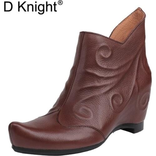 Winter New Pointed Toe High Heels Short Ankle Boots For Women Fashion Height Increased Genuine Leather Ladies Wedges Boots Shoes