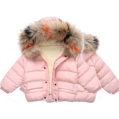 Girls Winter Plus Velvet Padded Coat Childrens Big Fur Collar Down Coat Childrens Solid Color Outing Fashion Keep Warm Clothes