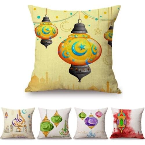 18" Islamic Ramadan Kareem Decoration Muslim Lantern Pattern Sofa Throw Pillow Case Cotton Linen Hand Painted Art Cushion Cover