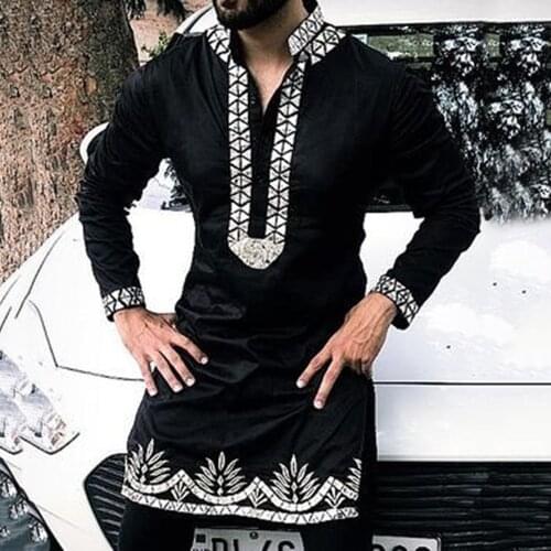 2021 Mens T-shirt African Dashiki Patchwork Print Top Fall Fashion Mid-length Mens Plus Size Muslim Black Long Sleeve Shirt