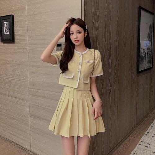 New 2021 Summer 2 Piece Set Chic Office Ladies Single Breasted Pearl Buttons Cardigan Jacket Coat Tops+Pleated Mini Skirt Suit