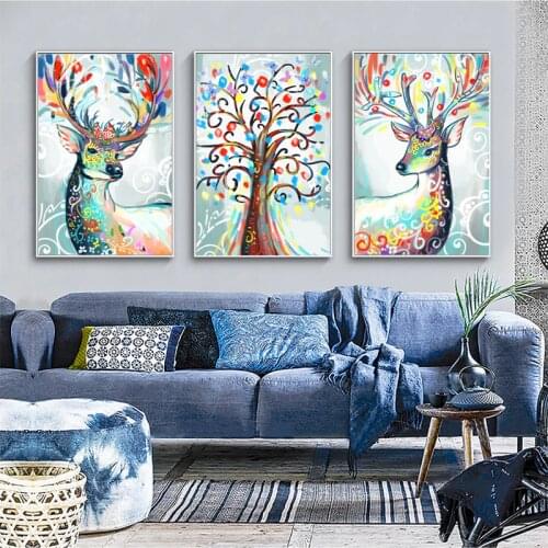Abstract Watercolor Animals Oil Painting Posters and Print on Canvas Wall Paintings Deer Tree Pictures for Living Room No Frame