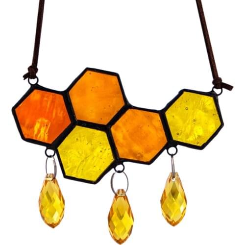 H&D Honey Comb Stained Glass Suncatcher Rainbow Maker Window Panel Ornament Wall Hanging Light Cling Corner Pendant Home Decor