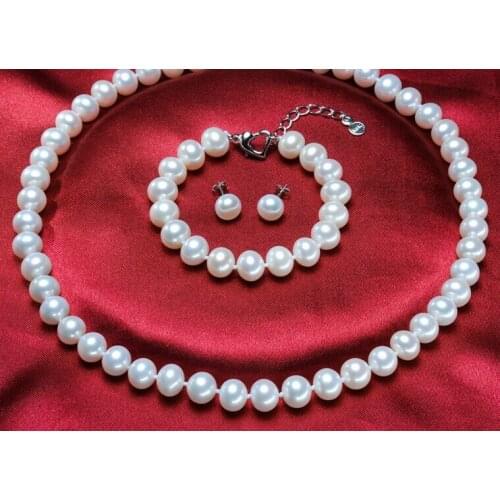 Sets of 10-11mm south sea round white pearl necklac&earring bracelet 925s