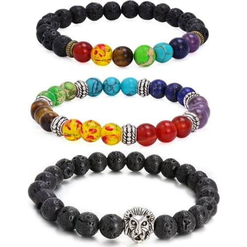Summer Style Elastic Chakra Healing Balance Energy Natural Lava Stone Beads Friendship Charm Beaded Bracelets for Women Men