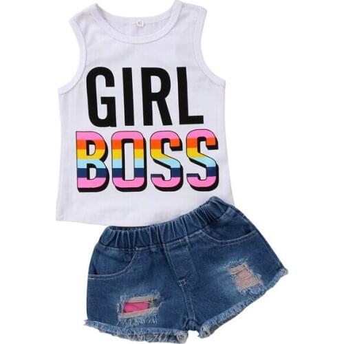 Summer Newborn Baby Kid Girl Sleeveless Vest T-shirt Tops+Denim Shorts Ripped Bottom Jeans 2Pcs Outfits Clothes Set