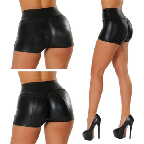 Women Wet Look Clubwear PU Leather High Waist Stretch Fit Mini Shorts