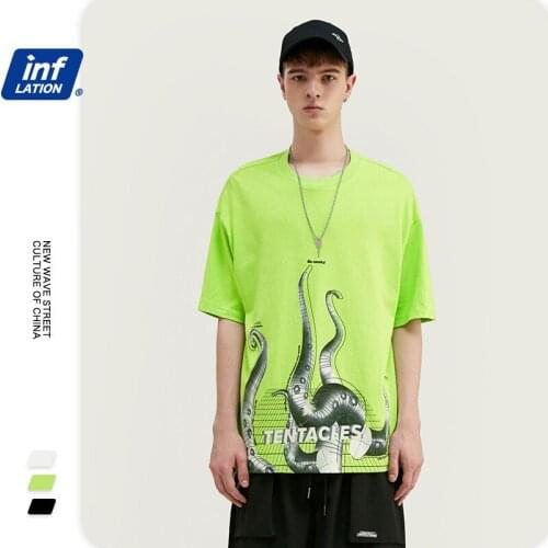 Fashion Abstract Octopus Printing Drop Shoulder Sleeve T-Shirt High Street Trend Hip-Hop Cotton Unisex T Shirt NO56