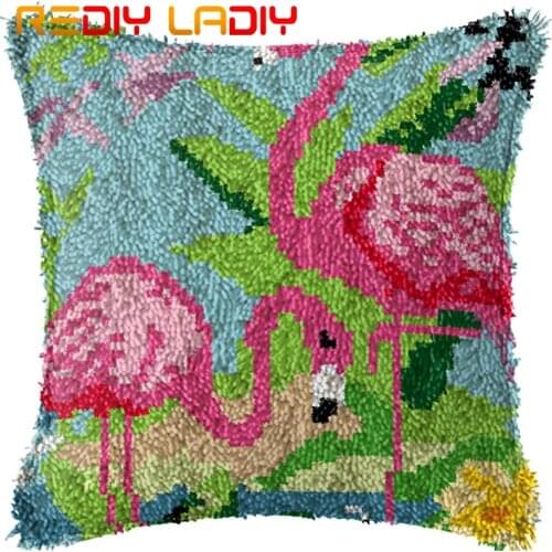 Latch Hook Kit Make Your Own Cushion Flamingo Birds Pre-Printed Canvas Crochet Pillow Case Latch Hook Cushion Cover Arts & Craft