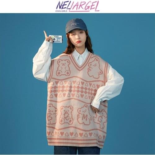 NELLARGEL Women Kawaii Cartoon Sweater Vest 2021 Female Winter Vintage Oversized Sweaters Girl Harajuku Korean Fashion Sweater