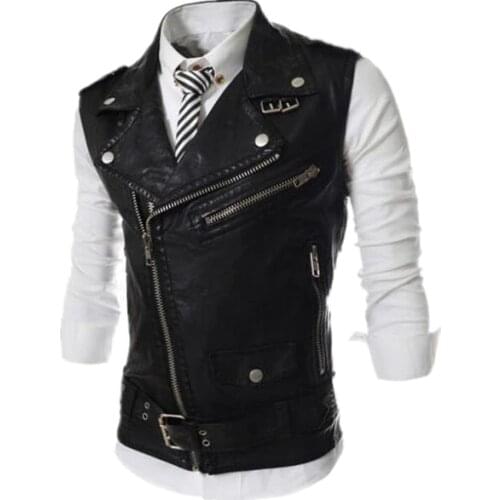 New 2020 Mens Fashion Leather Vest Jackets Man Sleeveless Motorcycle Tank Tops Spring Autumn zipper decoration Outerwear Coats
