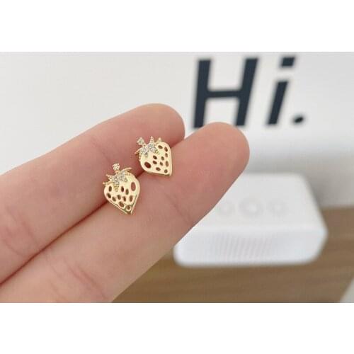 Origin Summer Korean 3 Styles Gold Color Metallic Flower Fruit Stud Earrings for Women Hollow Out CZ Zirconia Earring Jewelry