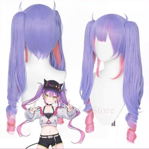 VTuber Tokoyami Towa Wig Ponytails Hololive Cosplay Purple Mixed Pink 70cm Long Curly Synthetic Hair Idol Girls Youtuber