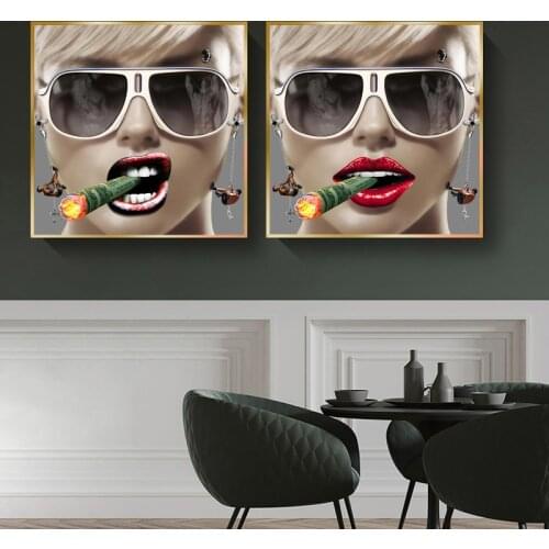 Sexy Girls Smoking A Cigar Posters and Prints Wall Art Canvas Painting Cool Glasses Women Wall Pictures for Living Room Decor