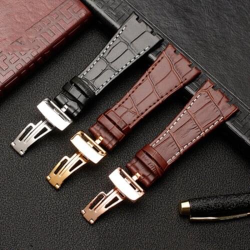 For AP 41mm Dial strap 26mm Black Brown With Stitches Genuine Leather Watch Band Bracelet with steel deployment buckle