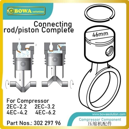 Dia.46mm connecting rod/piston complete is designed for 5.7m3/h single cylinder of coolant compressors, such as 4EC-6.2Y, etc