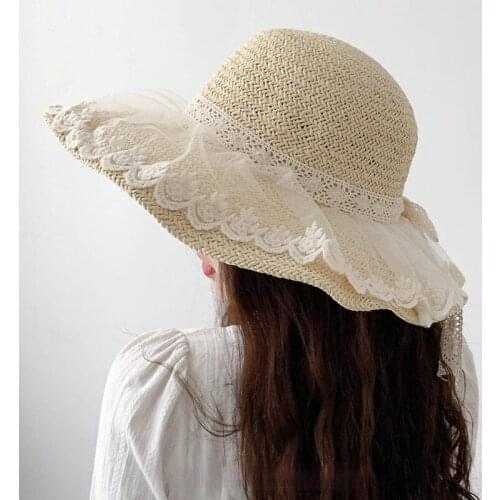 2021 new Women panama Lace staw hat wide brim fashion beach side cap Floppy Female Solid Fringe summer hats flowers sun anti -UV