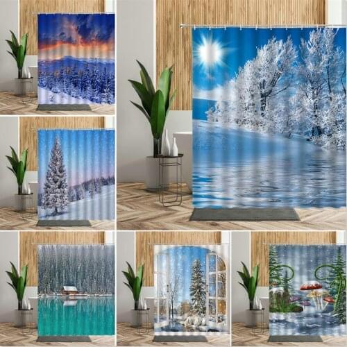Snow Landscape Bath Shower Curtain Winter Snowflake Houses Tree Ice Lake Surface Scene Bathroom Decor Living Room Curtains Cloth