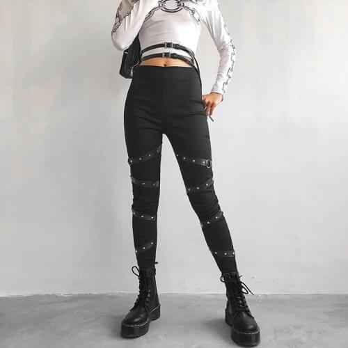 Gothic Pencil Pants Woman Black Rivet High Waist Slim Body Dark Goth Pant 2021 Women Punk Aesthetic Clothes Vintage Streetwears