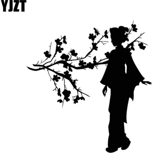 YJZT 13*13.7CM Geisha Japanese Girl Sakura Tree Branch Japan Car Stickers Funny Vinyl Decals Black Silver C20-0061