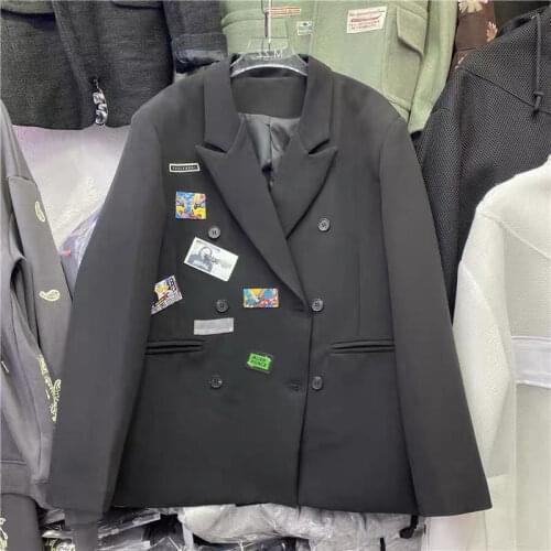 British Style Female Blazers Jacket 2021 New Fashion Spring Autumn Black Casual Women Suit Double-breasted Loose Patch Coat