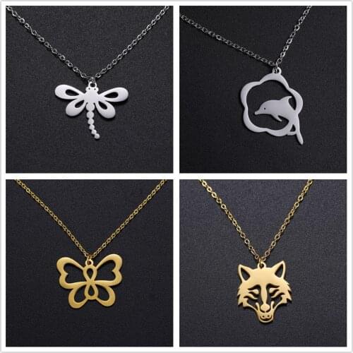 Skyrim Cute Animal Choker Necklace Gold Color Stainless Steel Wolf Dolphin Butterfly Dragonfly Pendant Necklaces for Women Girls