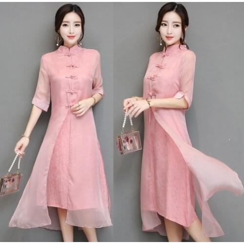 Dresses Summer 2019 New Female Retro Dress Chinese Style Mandarin Collar Silk Qipao Dress Midi Elegant Robe Vintage Femme AA4774