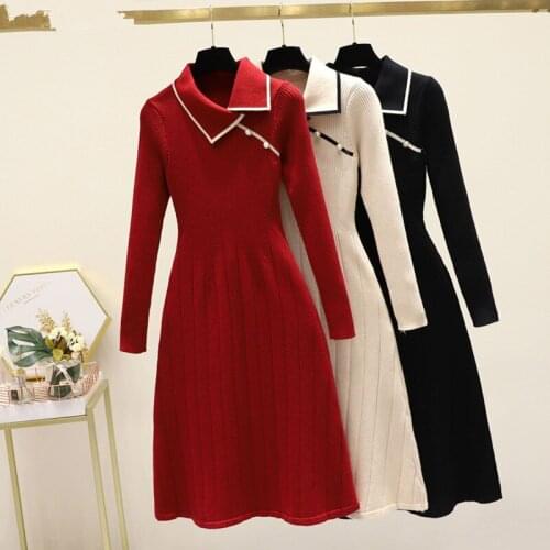 Fall Winter New Knitted Bottoming Dress for Women High-end Temperament Lapel Long Sleeve Button Deco A-line Sweater Long Dress