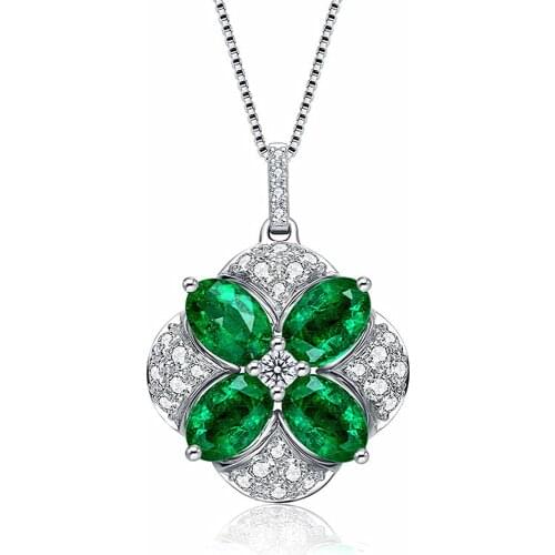 Vintage flower emerald gemstones diamond pendant necklaces for women green crystal white gold silver color choker jewelry bijoux