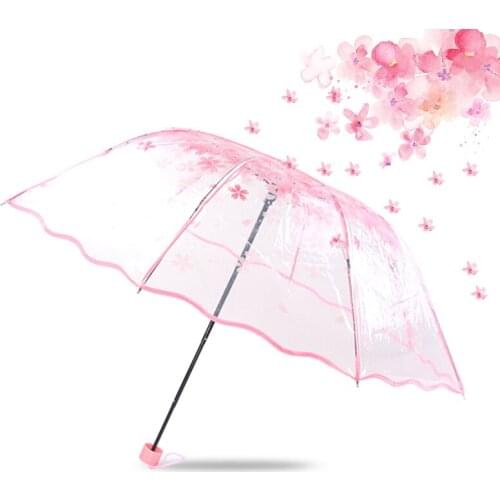1pcs Transparent Umbrella Multicolor Clear Cherry Blossom Sakura 3 Fold Umbrellas Creative Long-handle Foldable Home Rain Gear