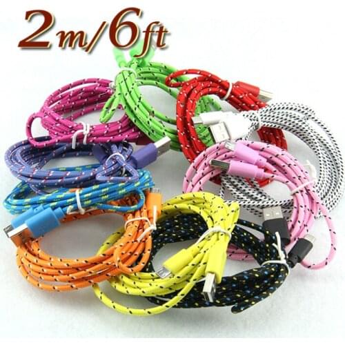 2m Nylon Braided Phone Cables Micro USB Type C Charger Cable for Samsung Android Smartphone for iPhone 8 Pin Data Cord 500pcs